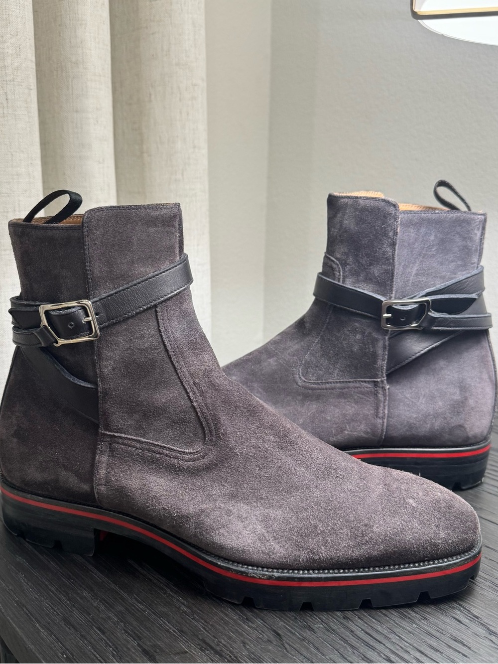 Christian Louboutin Men’s Kicko Suede Strap Ankle Boots Gray 41